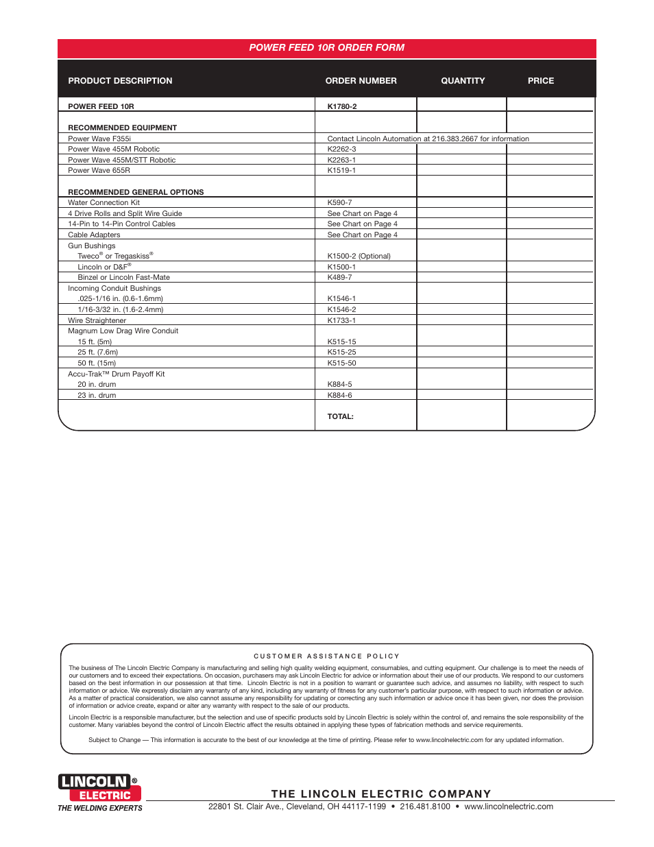 Power feed 10r order form | Lincoln Electric Power Feed 10R User Manual | Page 6 / 6