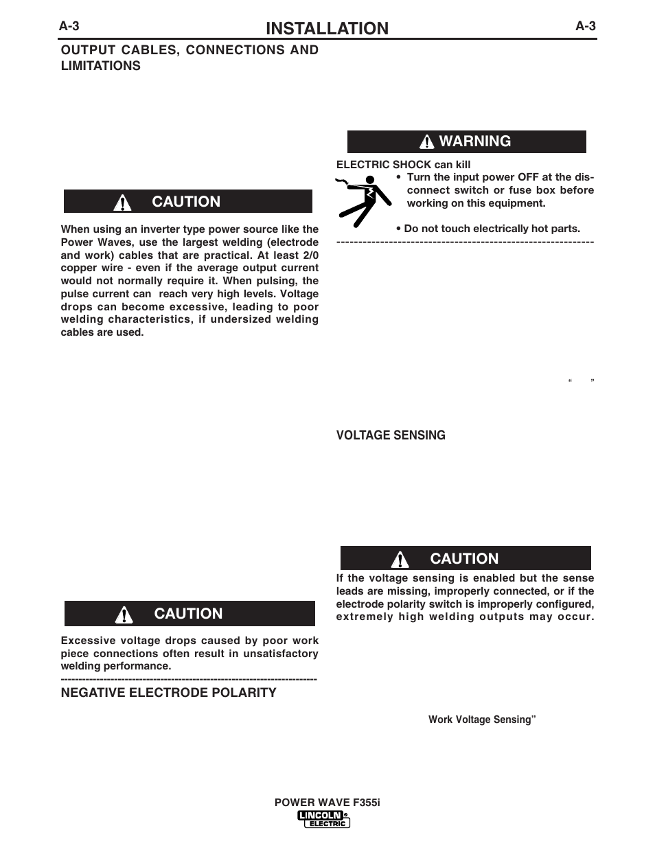 Installation, Caution, Caution warning | Lincoln Electric POWER WAVE F355I User Manual | Page 10 / 36