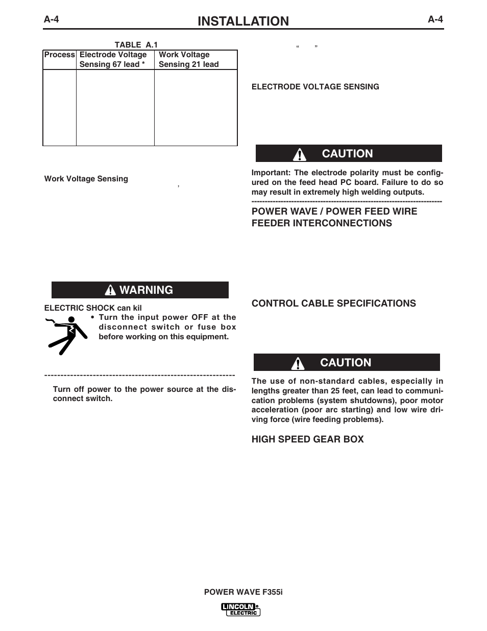 Installation, Warning caution caution | Lincoln Electric POWER WAVE F355I User Manual | Page 11 / 36