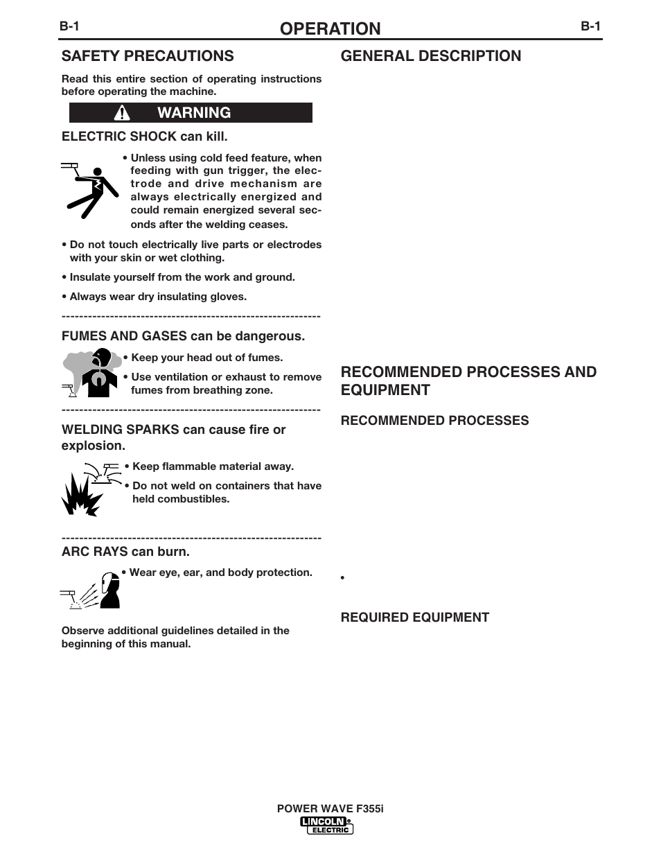 Operation, General description, Recommended processes and equipment | Safety precautions, Warning | Lincoln Electric POWER WAVE F355I User Manual | Page 14 / 36