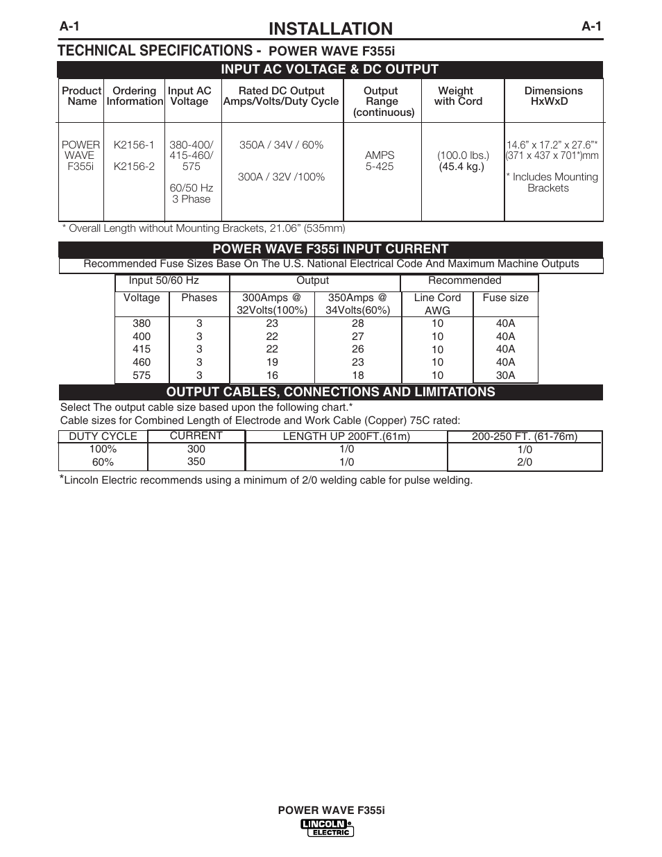 Installation, Technical specifications | Lincoln Electric POWER WAVE F355I User Manual | Page 8 / 36