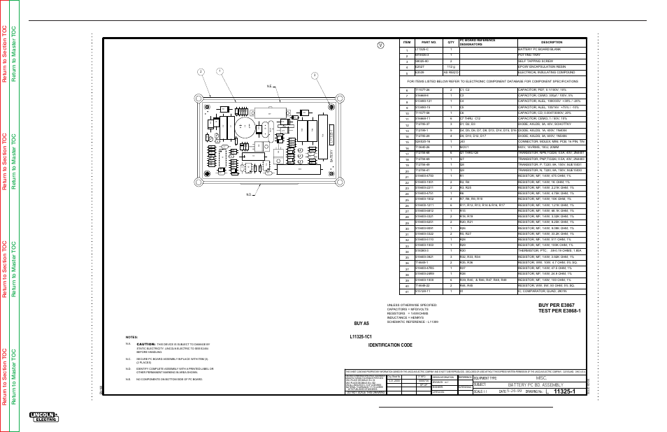 Electrical diagrams, Pc board assembly - battery pc board, Misc. battery pc bd. assembly | Commander 500, Scale, Date, Subject, Equipment type: drawing no | Lincoln Electric COMMANDER SVM153-A User Manual | Page 141 / 156