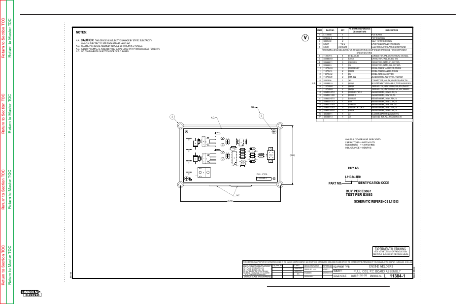 Electrical diagrams, G-13, Pc board assembly - pull-coil pc board | Engine welders pull coil p.c. board assembly, Commander 500, Experimental drawing, Part no, Caution | Lincoln Electric COMMANDER SVM153-A User Manual | Page 149 / 156