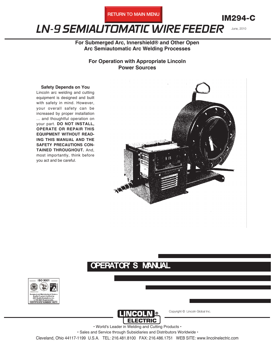 Lincoln Electric LN-9 SEMIAUTOMATIC WIRE FEEDER IM294-C User Manual | 148 pages