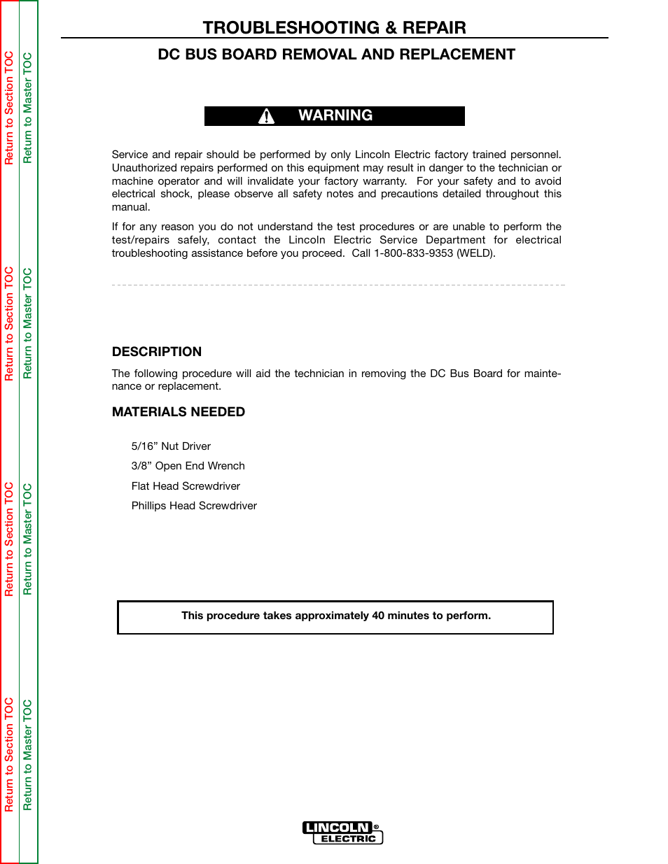 Troubleshooting & repair, Dc bus board removal and replacement, Warning | Lincoln Electric POWER WAVE 355/405 SVM159-A User Manual | Page 103 / 134