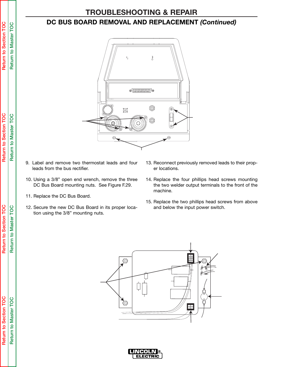 Figure f.28, The input power switch. see figure f.28, Ont of the machine. see figure f.28 | Troubleshooting & repair, Dc bus board removal and replacement (continued) | Lincoln Electric POWER WAVE 355/405 SVM159-A User Manual | Page 105 / 134