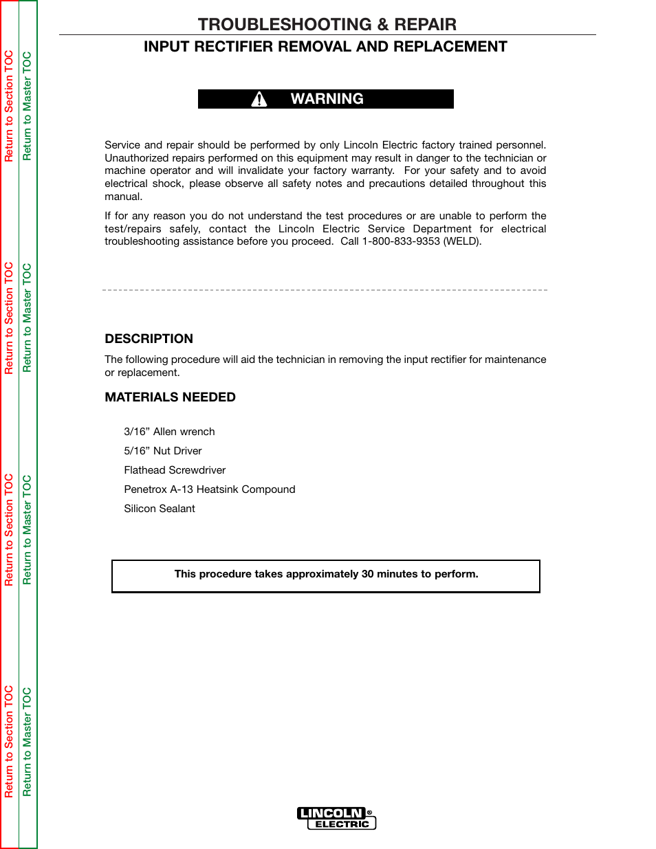 Input rectifier bridge removal & replacement, Troubleshooting & repair, Input rectifier removal and replacement | Warning | Lincoln Electric POWER WAVE 355/405 SVM159-A User Manual | Page 107 / 134