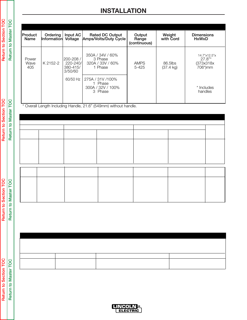 Installation, Technical specifications | Lincoln Electric POWER WAVE 355/405 SVM159-A User Manual | Page 11 / 134