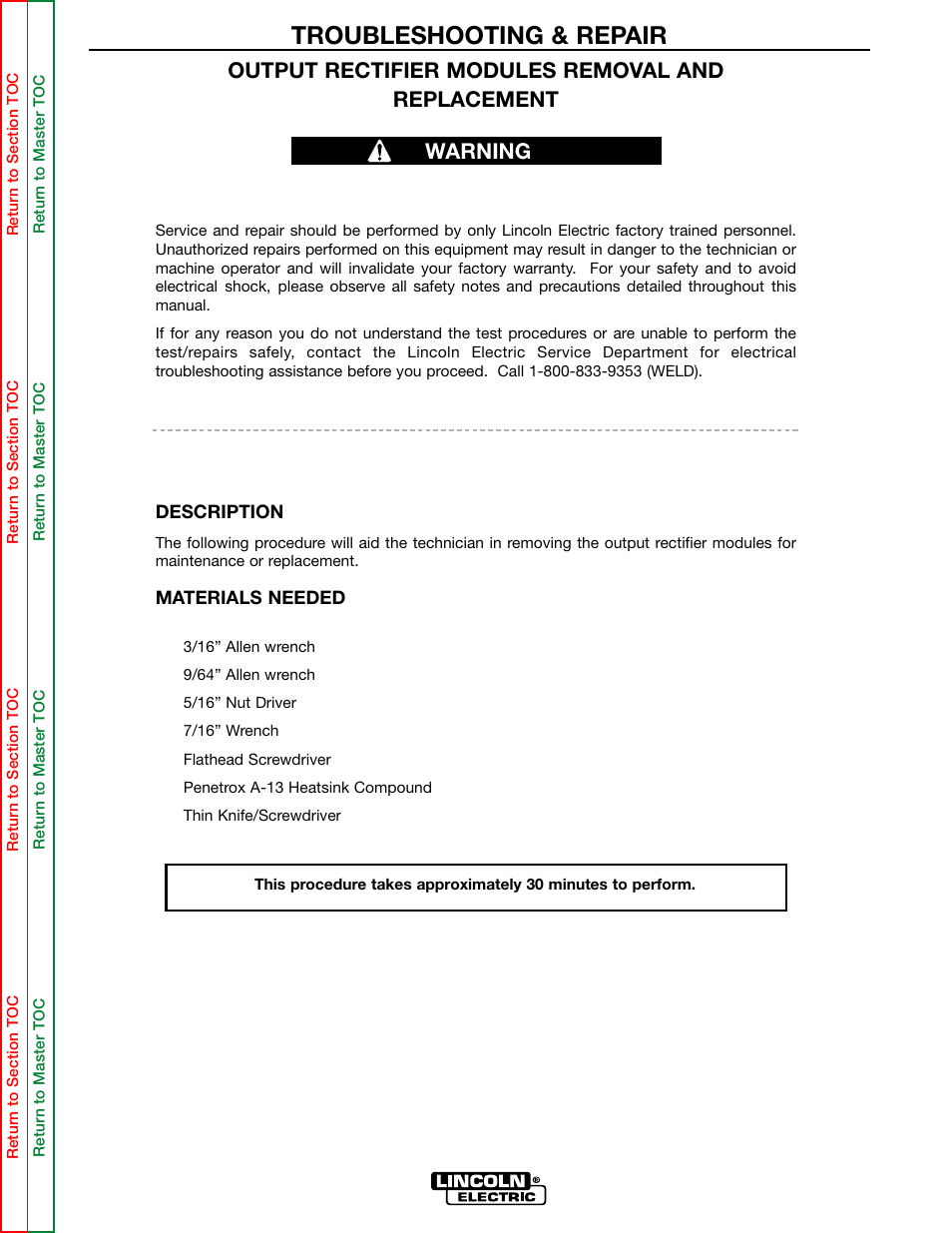 Troubleshooting & repair, Output rectifier modules removal and replacement, Warning | Lincoln Electric POWER WAVE 355/405 SVM159-A User Manual | Page 111 / 134