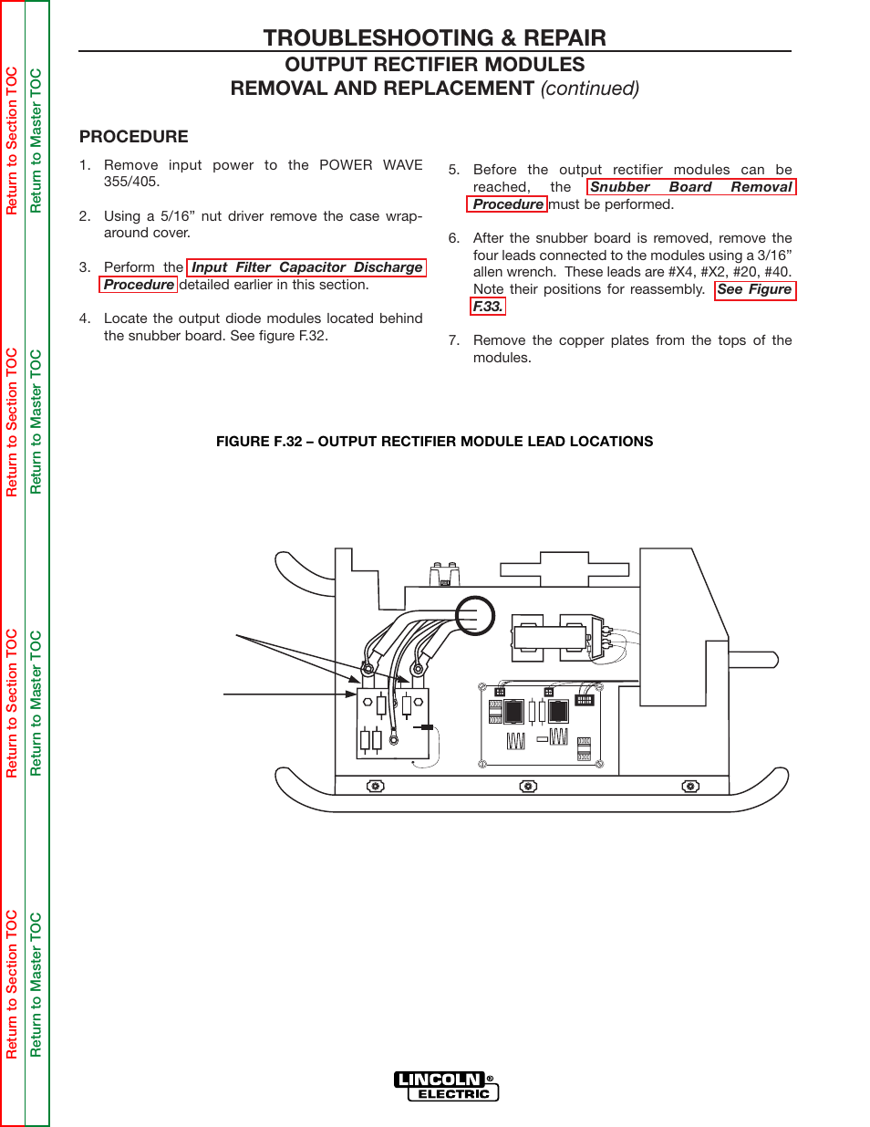 Left side, Snubber board output diode modules, Troubleshooting & repair | Lincoln Electric POWER WAVE 355/405 SVM159-A User Manual | Page 112 / 134