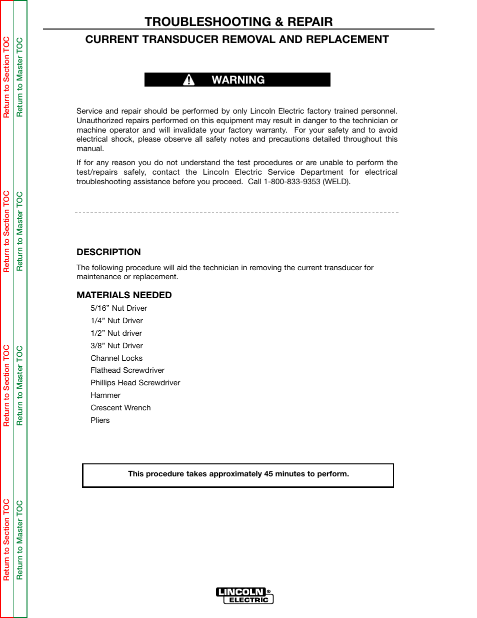 Troubleshooting & repair, Current transducer removal and replacement, Warning | Lincoln Electric POWER WAVE 355/405 SVM159-A User Manual | Page 115 / 134