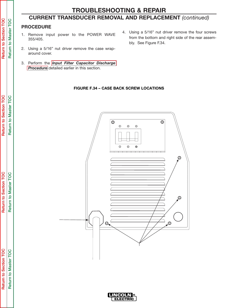 Rear, Plastic nut 5/16" mounting screws, Troubleshooting & repair | Lincoln Electric POWER WAVE 355/405 SVM159-A User Manual | Page 116 / 134