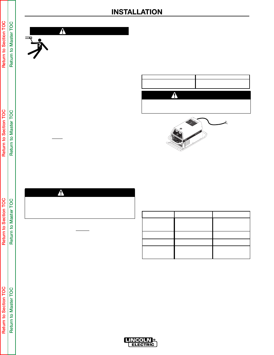 Installation, Warning, Caution | Safety precautions select suitable location, Lead color single phase three phase, Power lead power lead power lead, Power lead, Green black white red | Lincoln Electric POWER WAVE 355/405 SVM159-A User Manual | Page 12 / 134