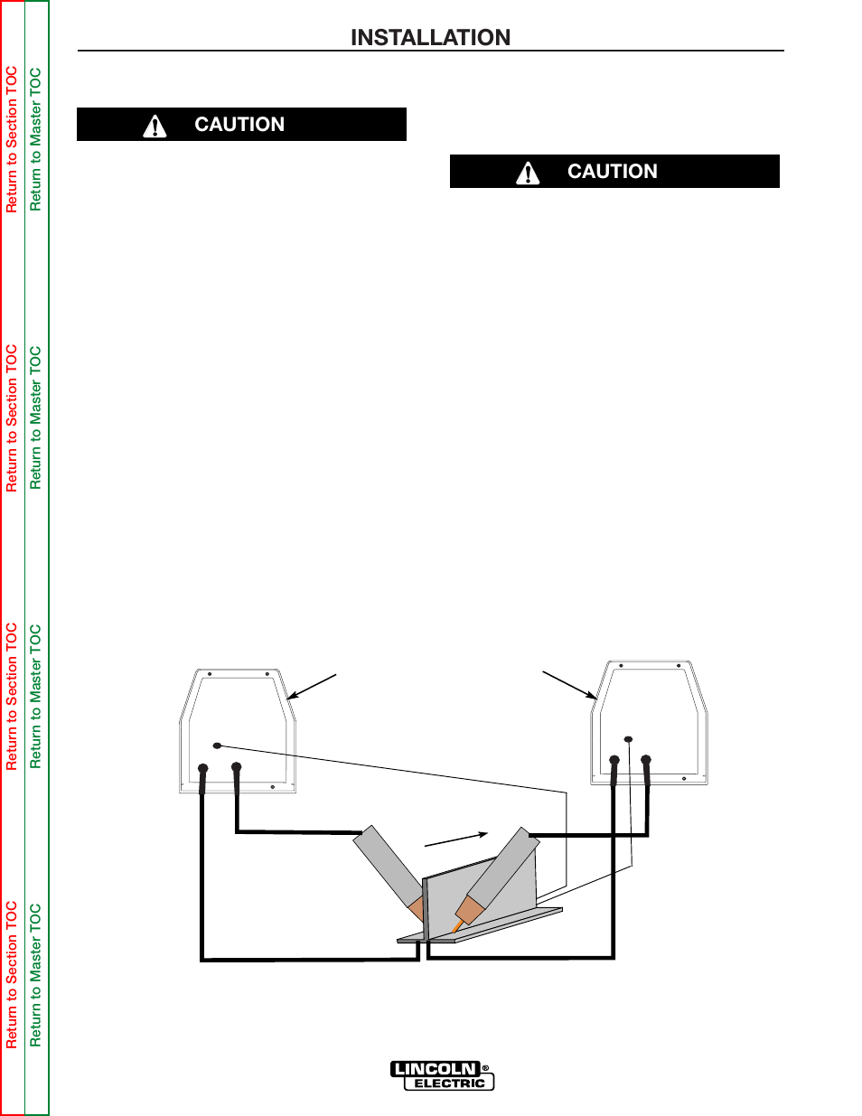 Installation, Welding with multiple power waves, Caution control cable specifications | Caution, Two power waves | Lincoln Electric POWER WAVE 355/405 SVM159-A User Manual | Page 19 / 134