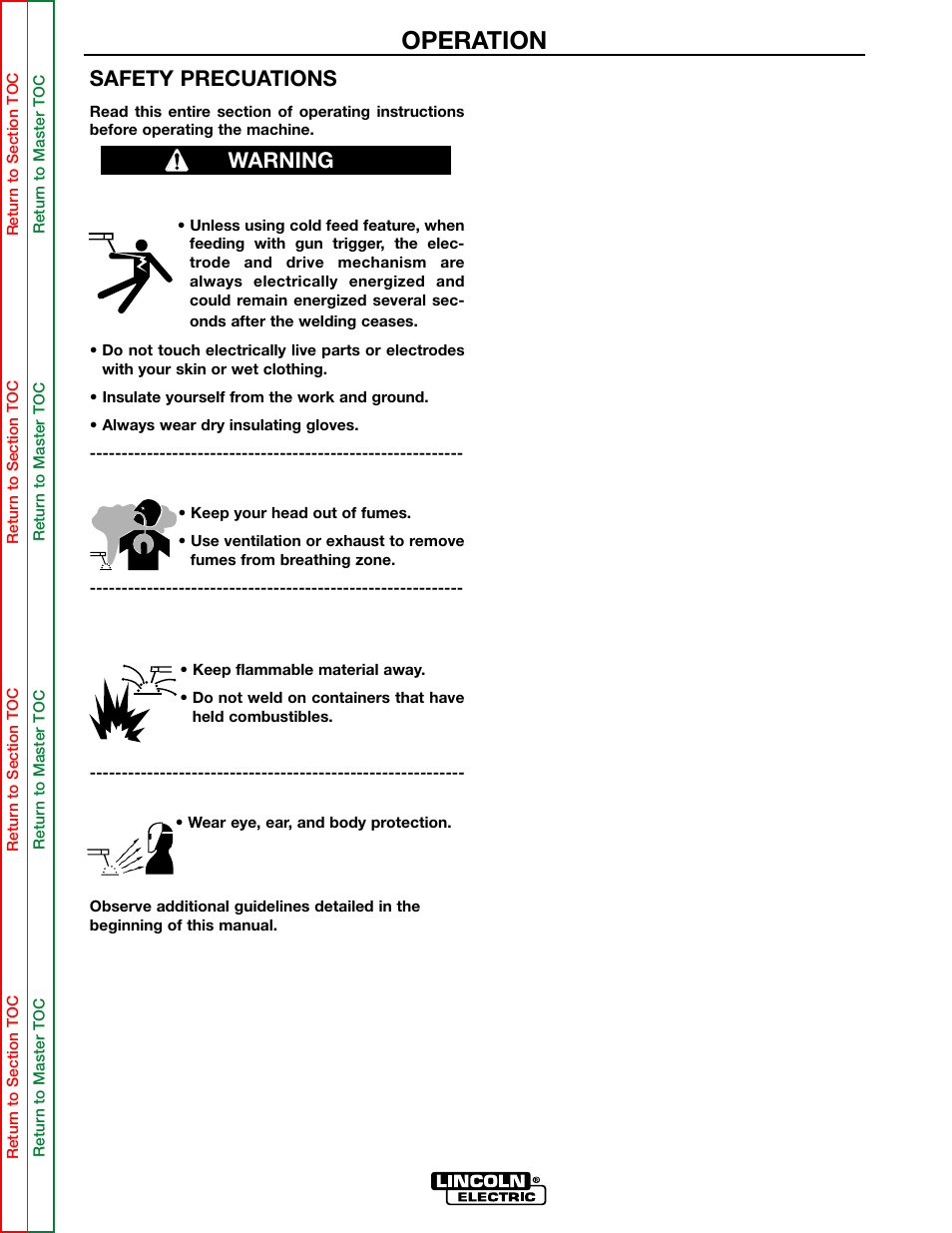 Operation, General description, Recommended processes and equipment | Safety precuations, Warning | Lincoln Electric POWER WAVE 355/405 SVM159-A User Manual | Page 22 / 134