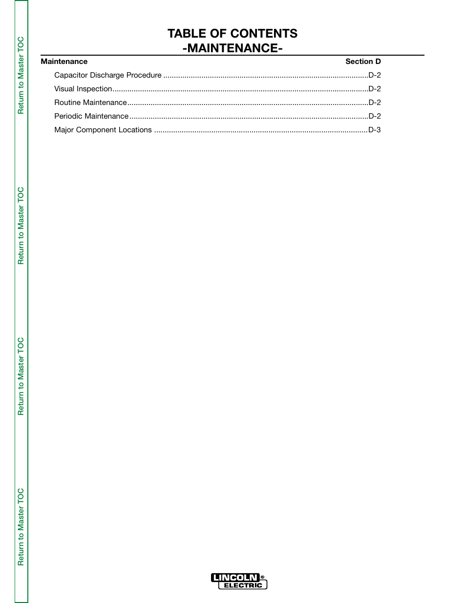 Section d - maintenance, Table of contents -maintenance | Lincoln Electric POWER WAVE 355/405 SVM159-A User Manual | Page 31 / 134