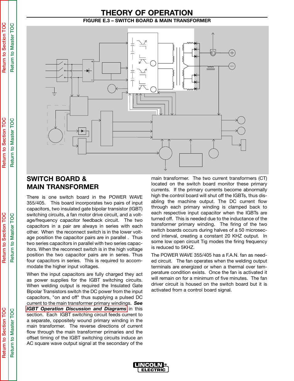 Theory of operation, Switch board & main transformer | Lincoln Electric POWER WAVE 355/405 SVM159-A User Manual | Page 37 / 134