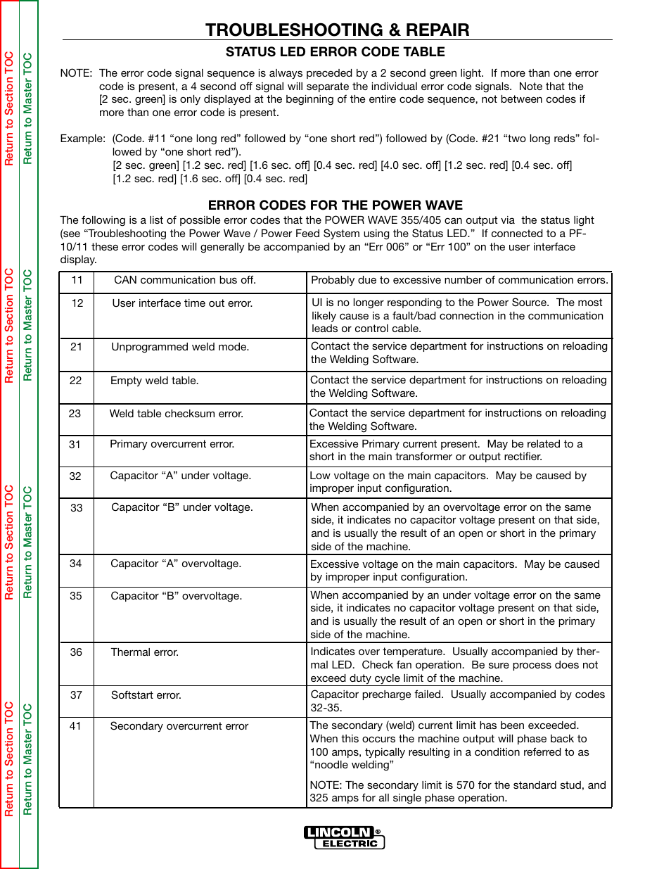 See fault code explanations, Troubleshooting & repair | Lincoln Electric POWER WAVE 355/405 SVM159-A User Manual | Page 52 / 134