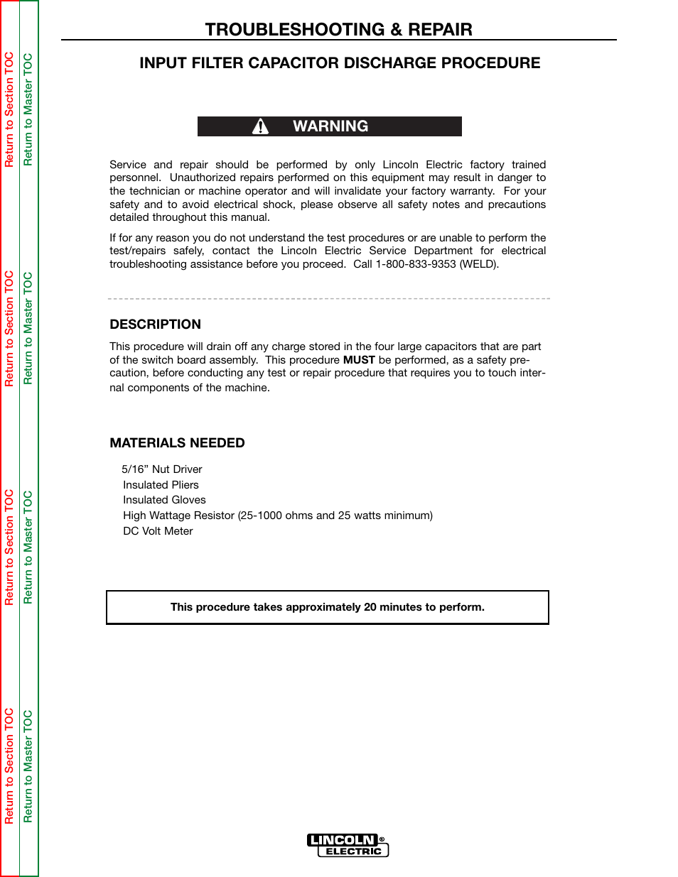 Troubleshooting & repair, Warning, Input filter capacitor discharge procedure | Lincoln Electric POWER WAVE 355/405 SVM159-A User Manual | Page 55 / 134