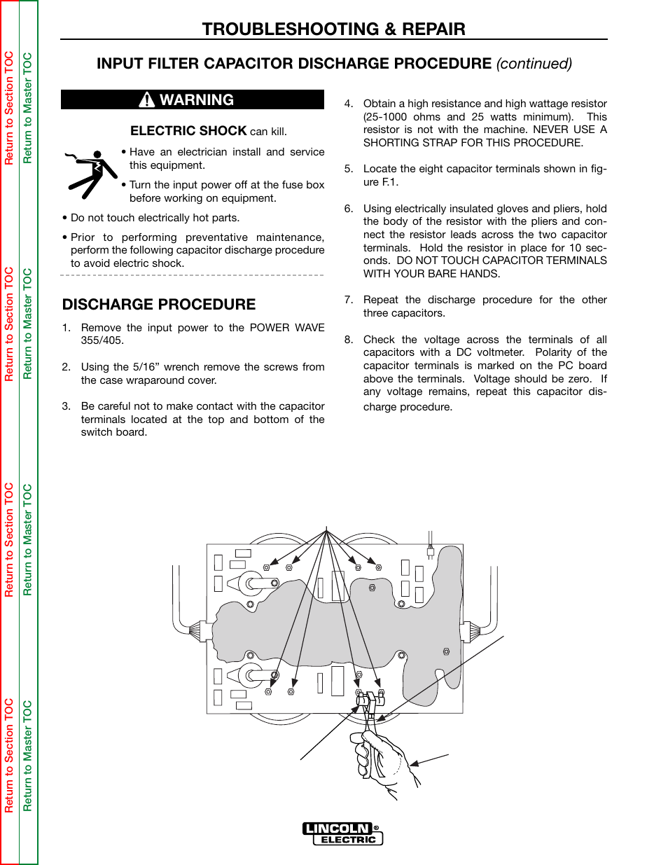 Troubleshooting & repair, Discharge procedure, Warning | Lincoln Electric POWER WAVE 355/405 SVM159-A User Manual | Page 56 / 134