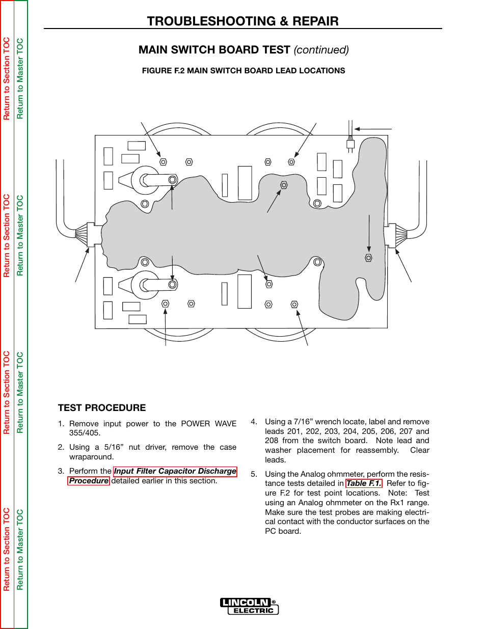 Troubleshooting & repair, Main switch board test (continued) | Lincoln Electric POWER WAVE 355/405 SVM159-A User Manual | Page 58 / 134