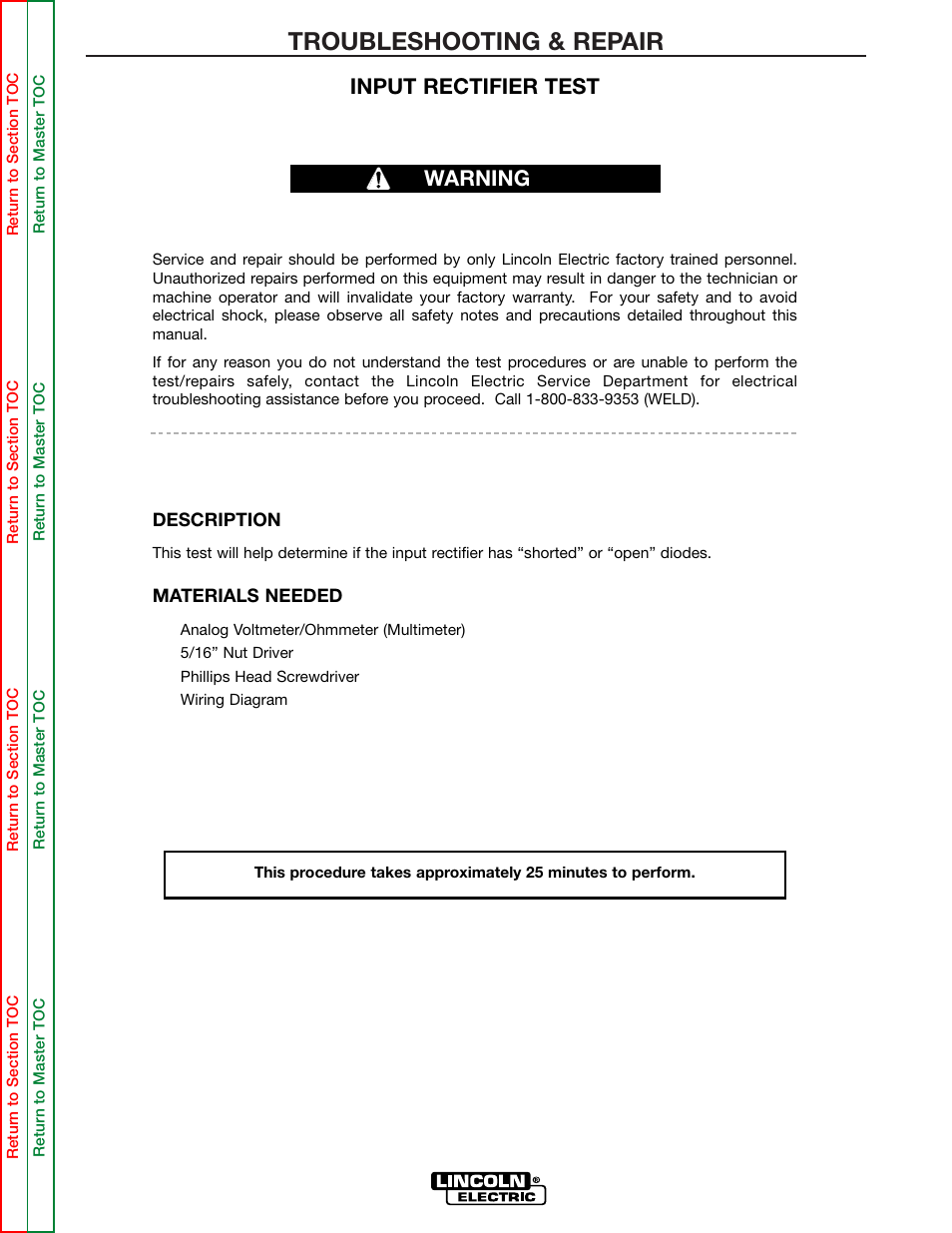 Perform the input rectifier, Test, Troubleshooting & repair | Input rectifier test, Warning | Lincoln Electric POWER WAVE 355/405 SVM159-A User Manual | Page 61 / 134