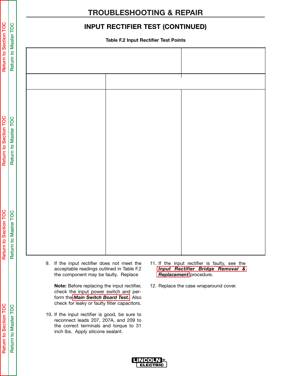 Tests detailed in table f.2, Troubleshooting & repair, Test point terminals analog meter x10 range | Input rectifier test (continued) | Lincoln Electric POWER WAVE 355/405 SVM159-A User Manual | Page 63 / 134