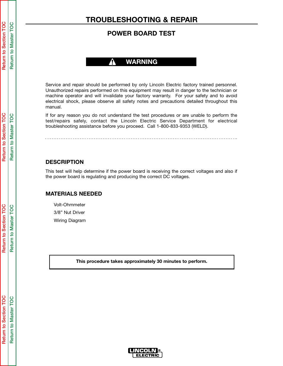 Perform the power board test, Perform the power board, Test | Troubleshooting & repair, Power board test, Warning | Lincoln Electric POWER WAVE 355/405 SVM159-A User Manual | Page 65 / 134
