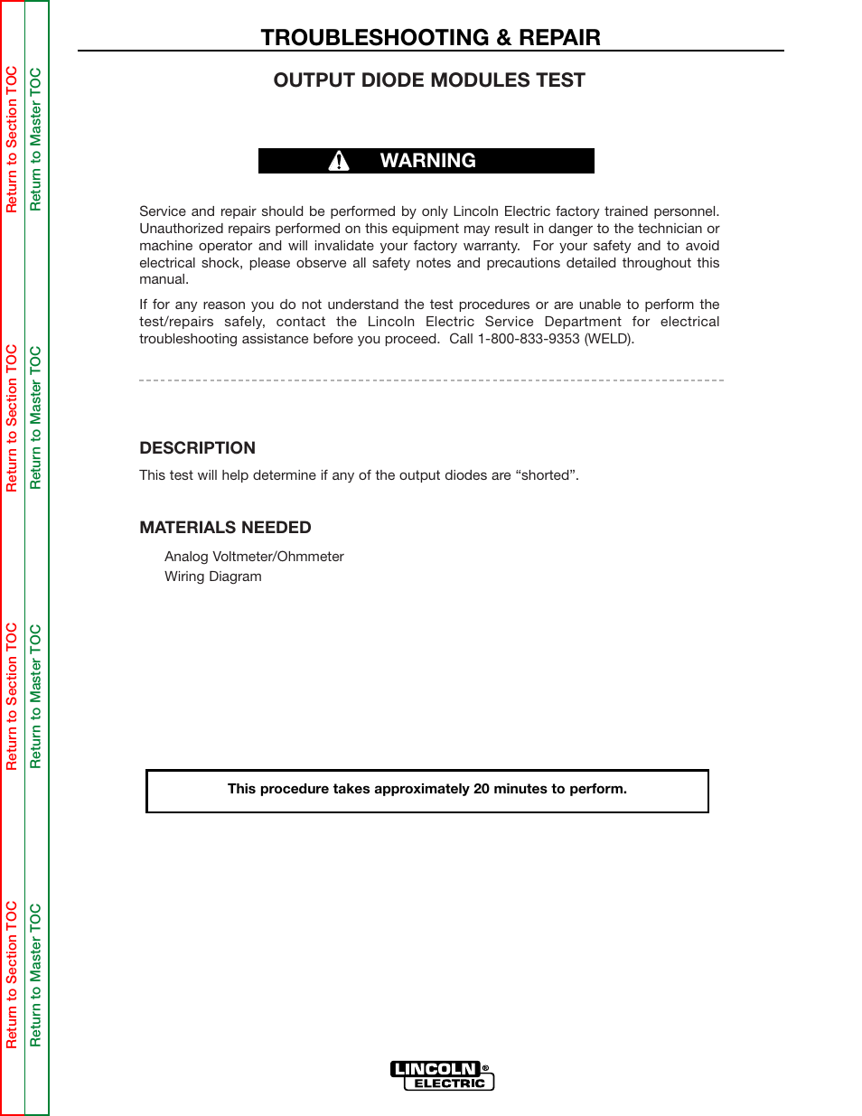 Perform the output diode, Module test, Output rectifier | Test, Troubleshooting & repair, Output diode modules test, Warning | Lincoln Electric POWER WAVE 355/405 SVM159-A User Manual | Page 73 / 134