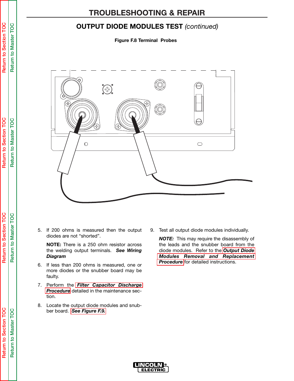 Lead to the negative terminal. see figure f.8, Troubleshooting & repair, Probe + probe | Output diode modules test (continued) | Lincoln Electric POWER WAVE 355/405 SVM159-A User Manual | Page 75 / 134