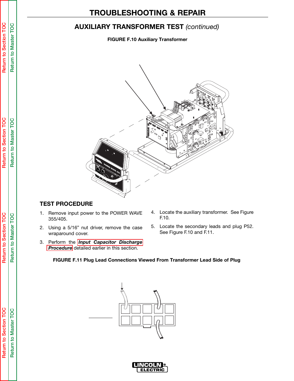 Auxiliary transformer secondary lead plugs p52, Troubleshooting & repair, Auxiliary transformer test (continued) | Lincoln Electric POWER WAVE 355/405 SVM159-A User Manual | Page 78 / 134