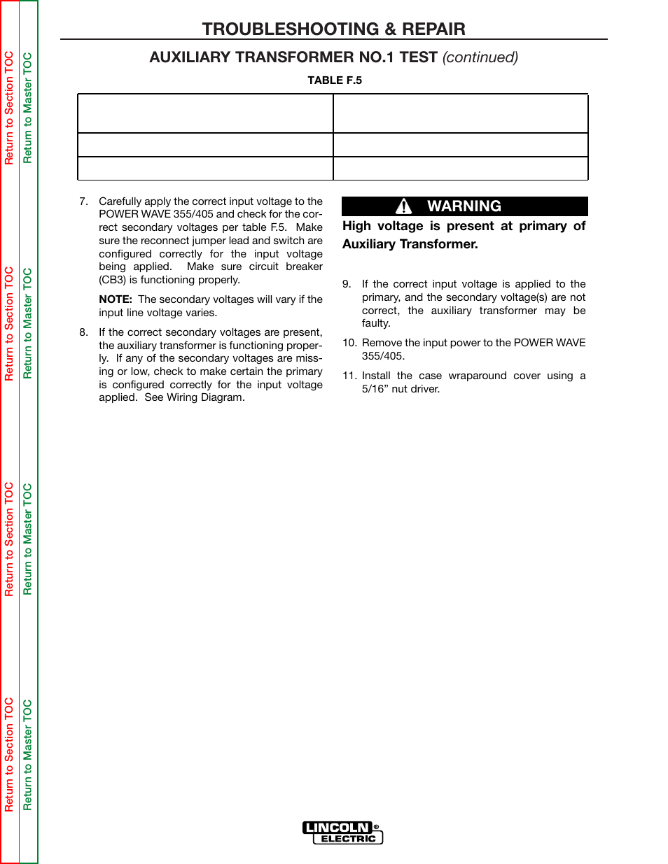 Troubleshooting & repair, Auxiliary transformer no.1 test (continued), Warning | Lincoln Electric POWER WAVE 355/405 SVM159-A User Manual | Page 79 / 134