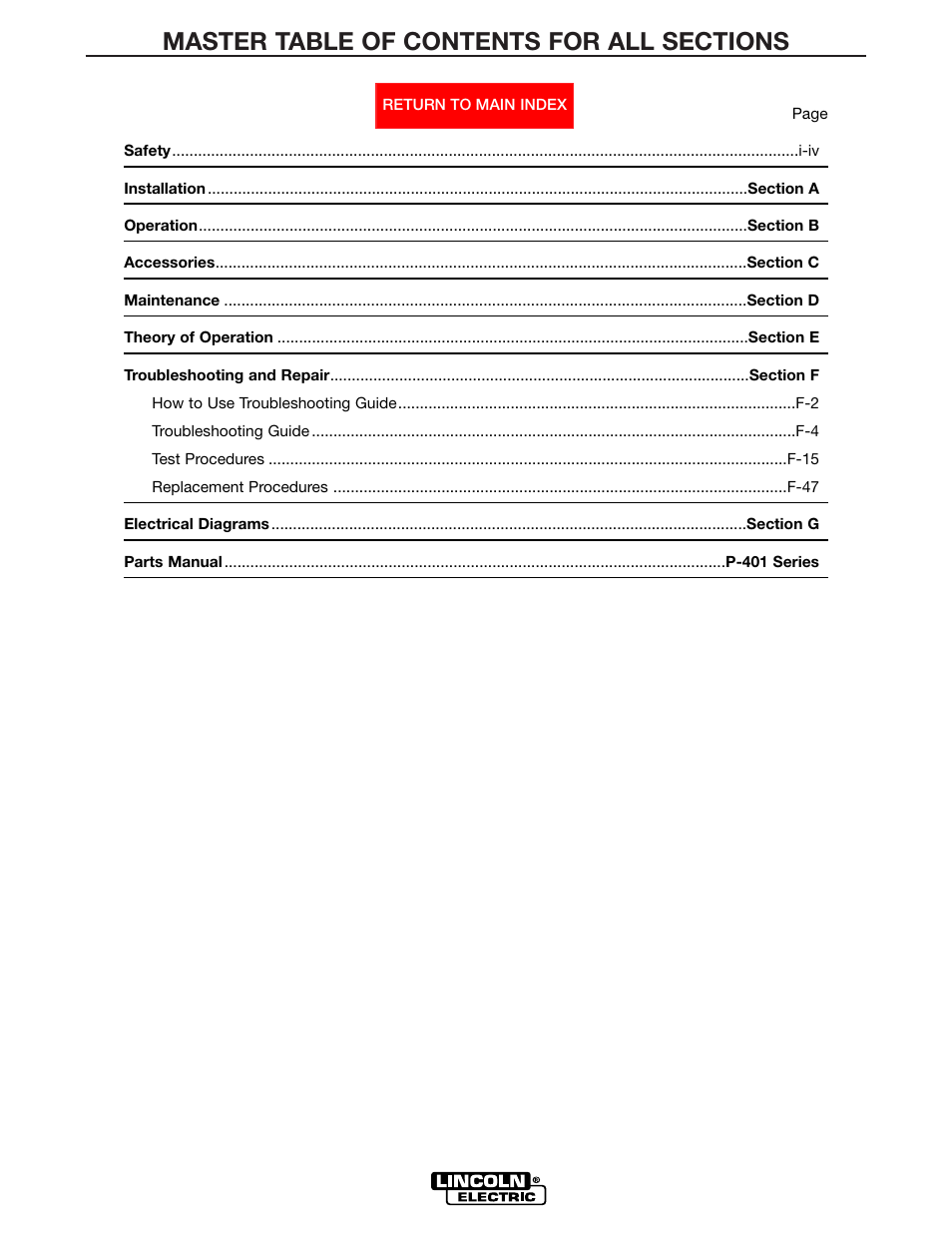 Master table of contents, Retur, N to master toc | Lincoln Electric POWER WAVE 355/405 SVM159-A User Manual | Page 8 / 134