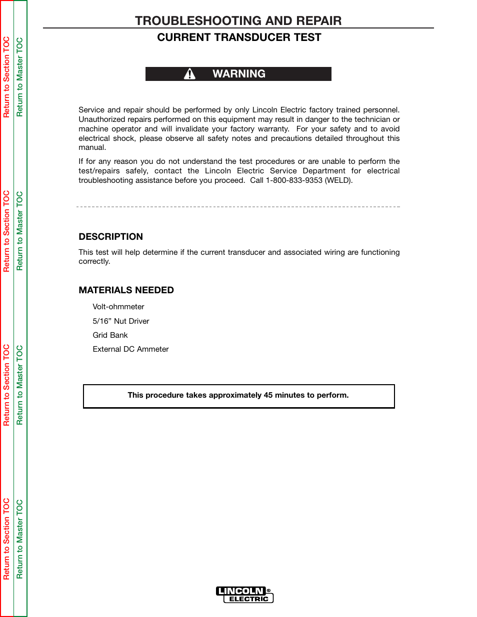 Perform the current, Transducer test, Current | Troubleshooting and repair, Current transducer test, Warning | Lincoln Electric POWER WAVE 355/405 SVM159-A User Manual | Page 81 / 134