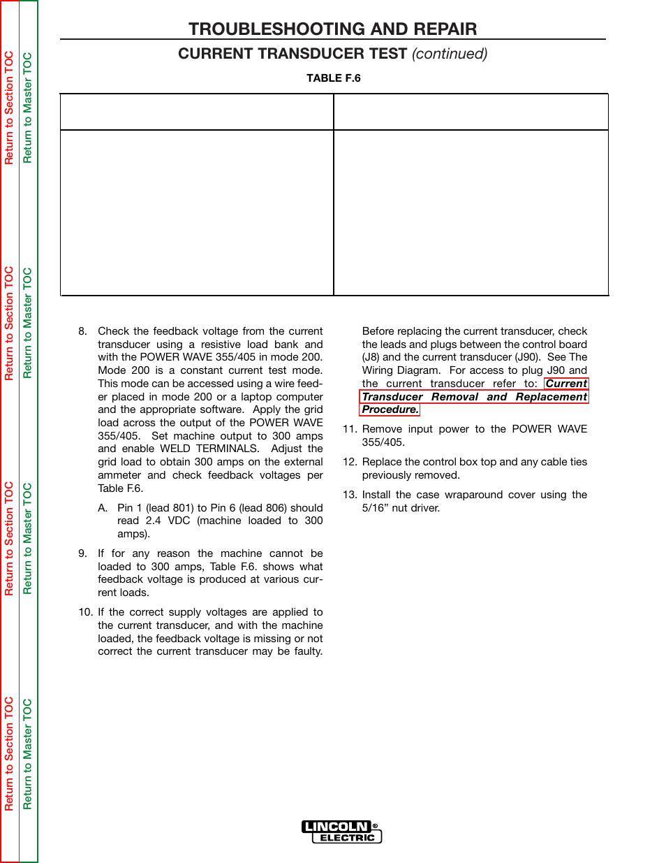 Troubleshooting and repair, Current transducer test (continued) | Lincoln Electric POWER WAVE 355/405 SVM159-A User Manual | Page 83 / 134