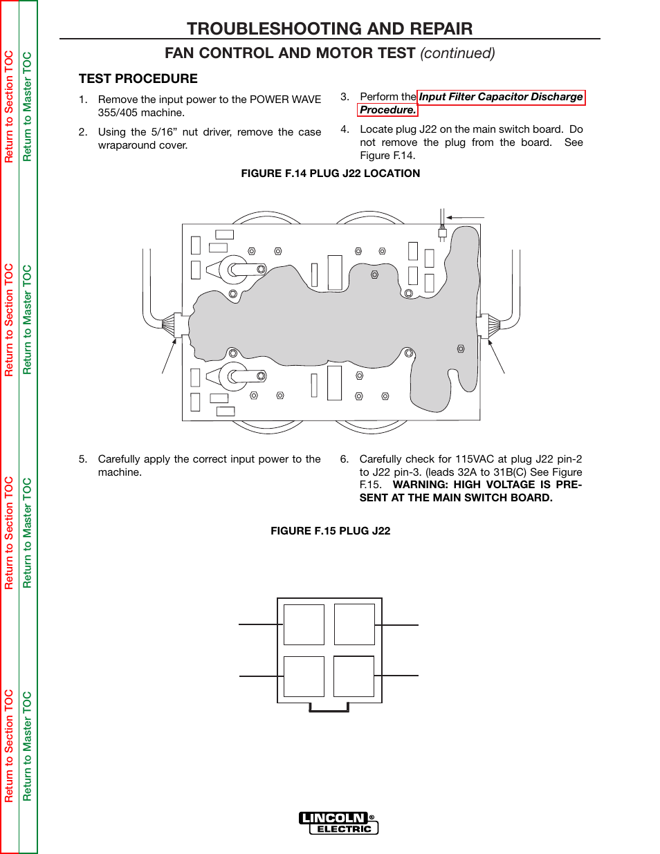 Plug j22, Fan lead, Lead 31b(c) lead 32a fan lead | Troubleshooting and repair | Lincoln Electric POWER WAVE 355/405 SVM159-A User Manual | Page 86 / 134