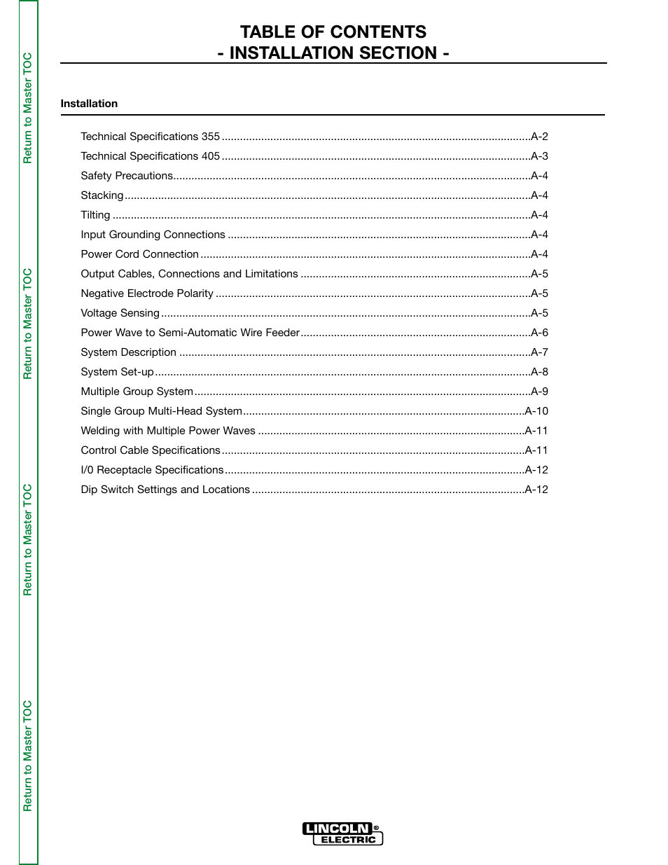 Section a - installation | Lincoln Electric POWER WAVE 355/405 SVM159-A User Manual | Page 9 / 134