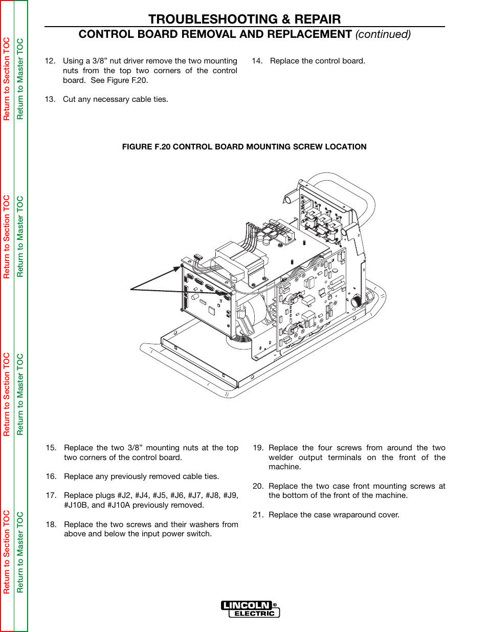 Right side, Troubleshooting & repair, Mounting nuts (3/8") | Control board removal and replacement (continued) | Lincoln Electric POWER WAVE 355/405 SVM159-A User Manual | Page 92 / 134