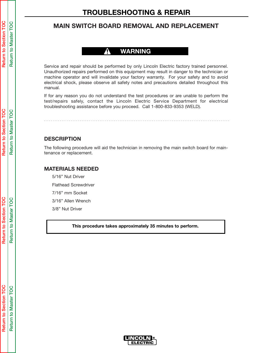 The main switch board, Removal procedure, Main switch board removal and replacement | Troubleshooting & repair, Warning | Lincoln Electric POWER WAVE 355/405 SVM159-A User Manual | Page 93 / 134