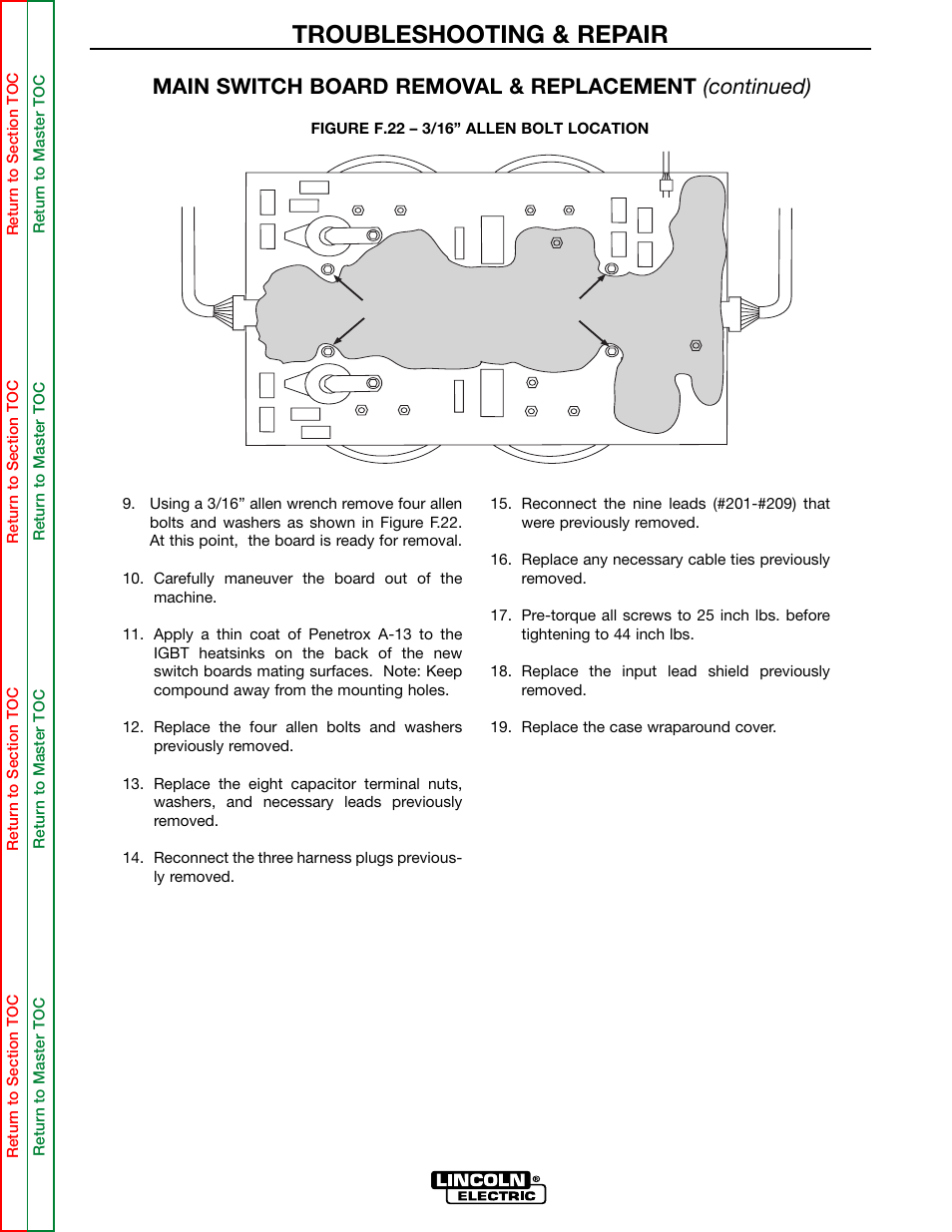 Troubleshooting & repair, 3/16" allen bolts | Lincoln Electric POWER WAVE 355/405 SVM159-A User Manual | Page 95 / 134