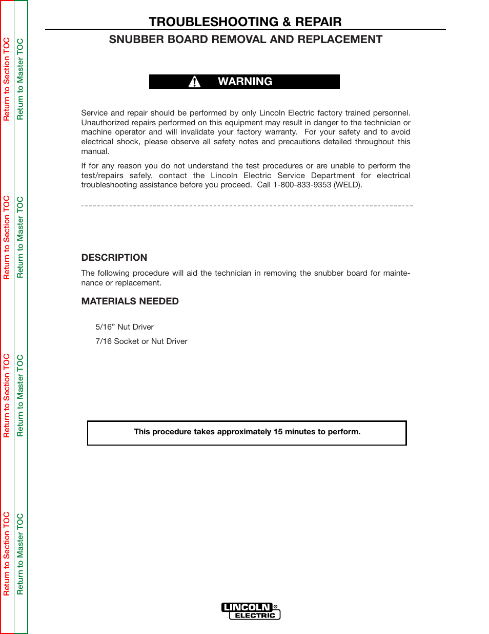 Troubleshooting & repair, Snubber board removal and replacement, Warning | Lincoln Electric POWER WAVE 355/405 SVM159-A User Manual | Page 97 / 134