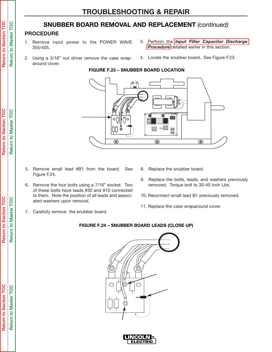 Left side snubber board, Troubleshooting & repair, Snubber board removal and replacement (continued) | Lincoln Electric POWER WAVE 355/405 SVM159-A User Manual | Page 98 / 134