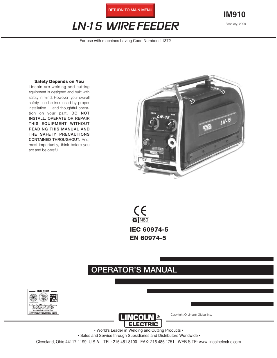Lincoln Electric LN-15 WIRE FEEDER IM910 User Manual | 36 pages