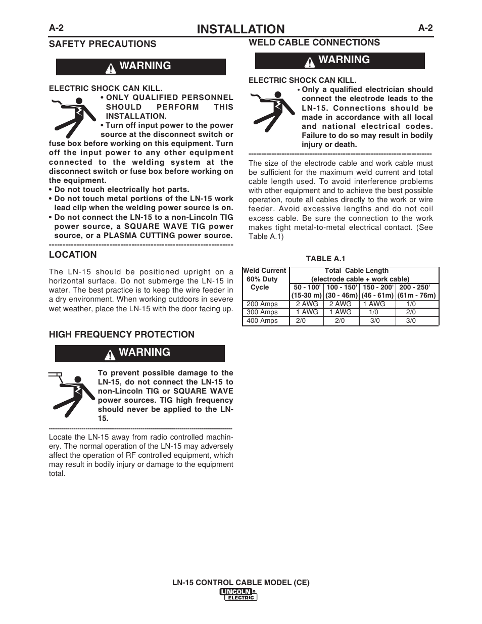 Installation, Warning | Lincoln Electric LN-15 WIRE FEEDER IM910 User Manual | Page 11 / 36