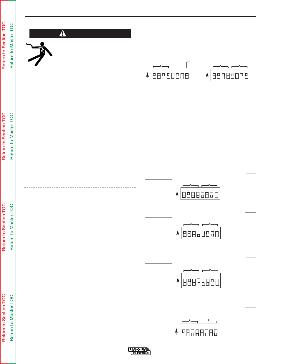 Operation, setting the dip, Switches, Setting the dip switches | Safety precautions, Duty cycle, Dh-10 control switch setup, Setup dip switch access, Wire drive head selection, Operation, Safety precautions duty cycle | Lincoln Electric SVM143-A User Manual | Page 20 / 98
