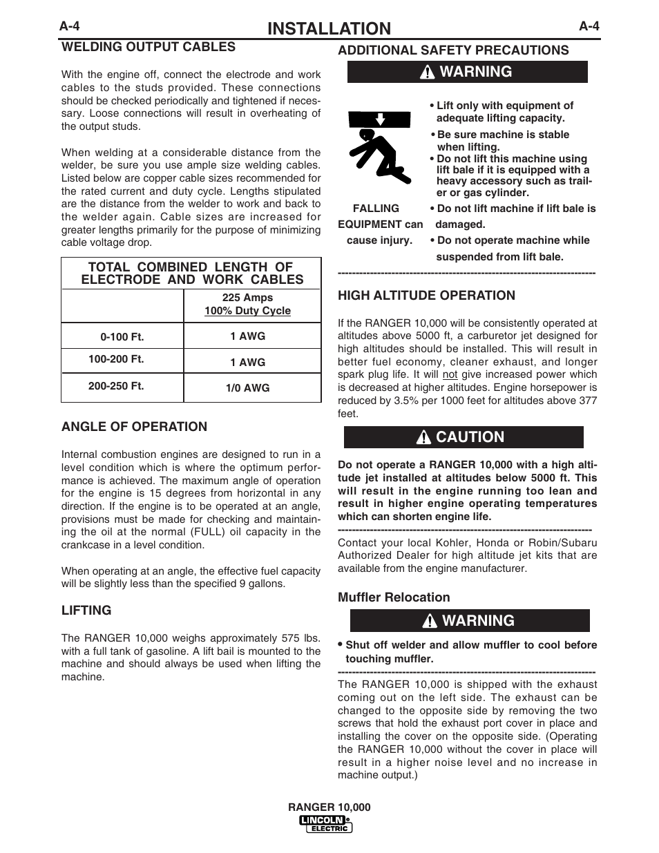 Installation, Caution warning, Warning | Lincoln Electric RANGER IM819-B User Manual | Page 11 / 37