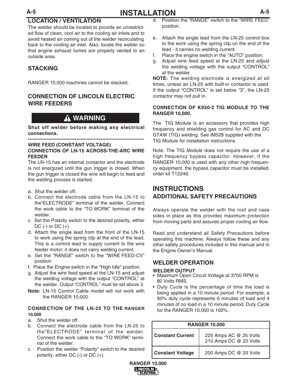 Installation, Instructions, Warning | Lincoln Electric RANGER IM819-B User Manual | Page 12 / 37