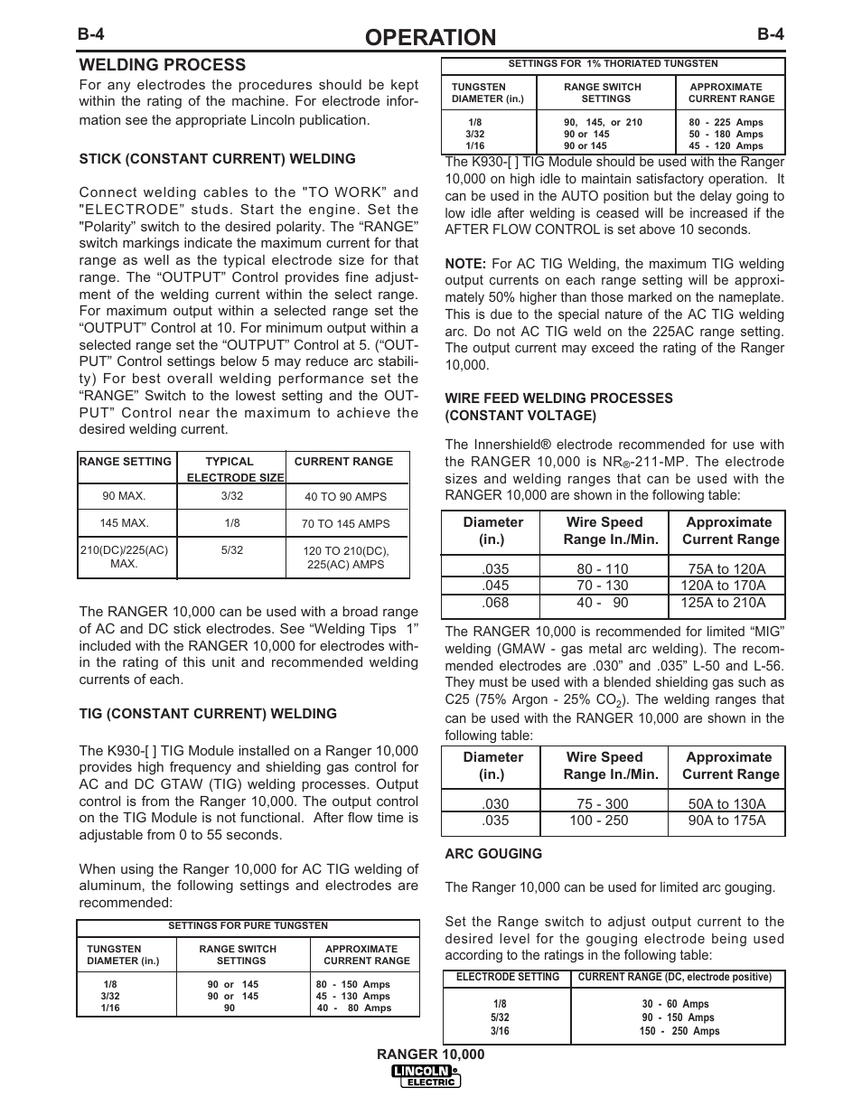 Operation, B-4 welding process | Lincoln Electric RANGER IM819-B User Manual | Page 20 / 37