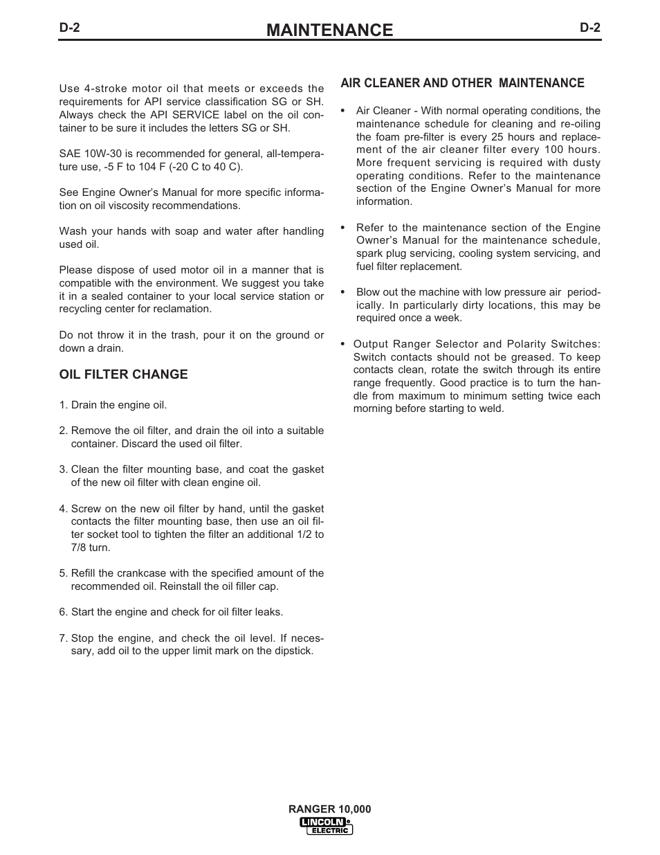 Maintenance | Lincoln Electric RANGER IM819-B User Manual | Page 25 / 37