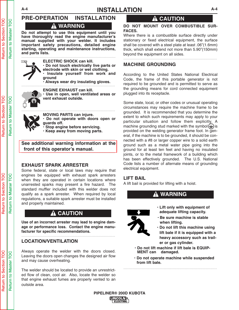 Installation, Pre-operation installation, Warning caution | Caution, Warning | Lincoln Electric PIPELINER 200 User Manual | Page 10 / 145